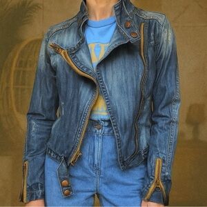 Blue Collection Blue Denim Distressed Moto Jean Jacket Size Medium